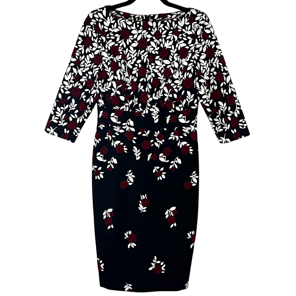 Lela Rose Black White Red Floral Jacquard Sheath Midi Dress Size 8